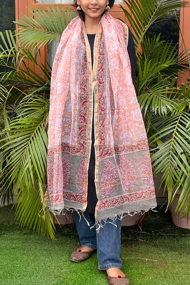 Hand Block Printed Kota Cotton Dupatta with zari border