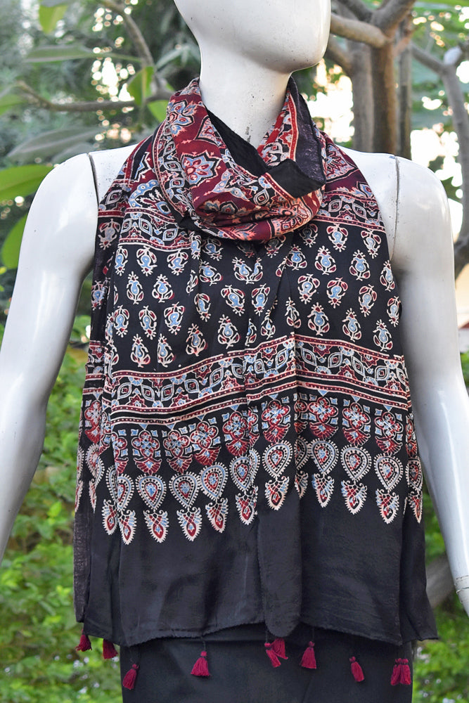 Beautiful Hand Block Printed Ajrakh Modal Silk stole with Tassels