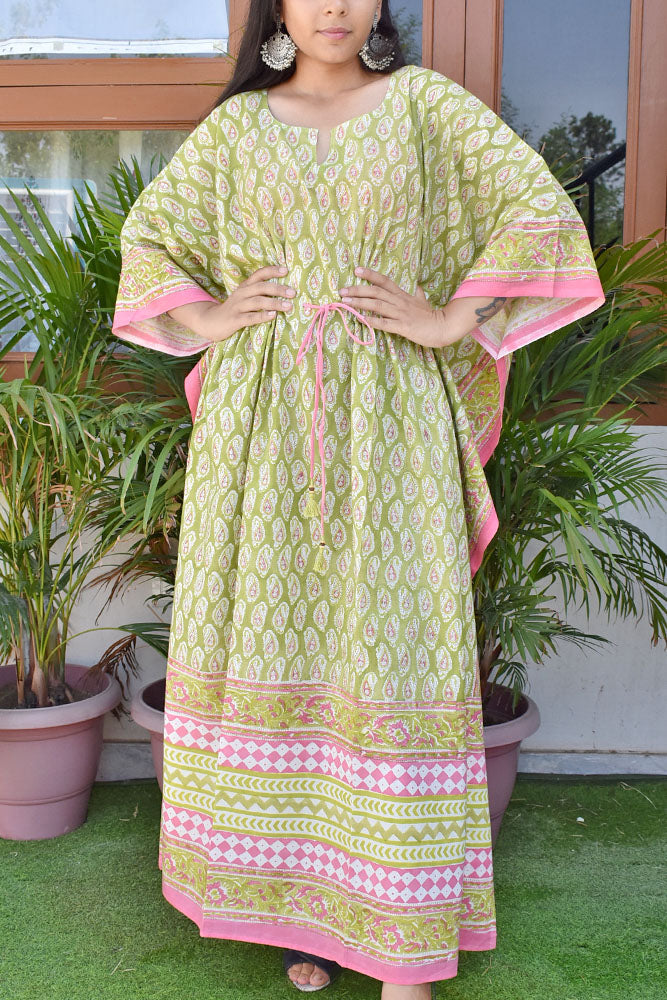 Beautiful Hand Block Printed Cotton Kaftan with Tassels