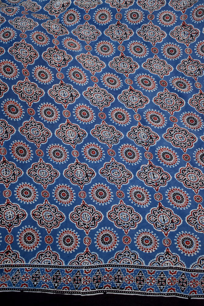 Elegant Hand Block Printed Ajrakh Modal Silk Saree with Mirror Work & tassels