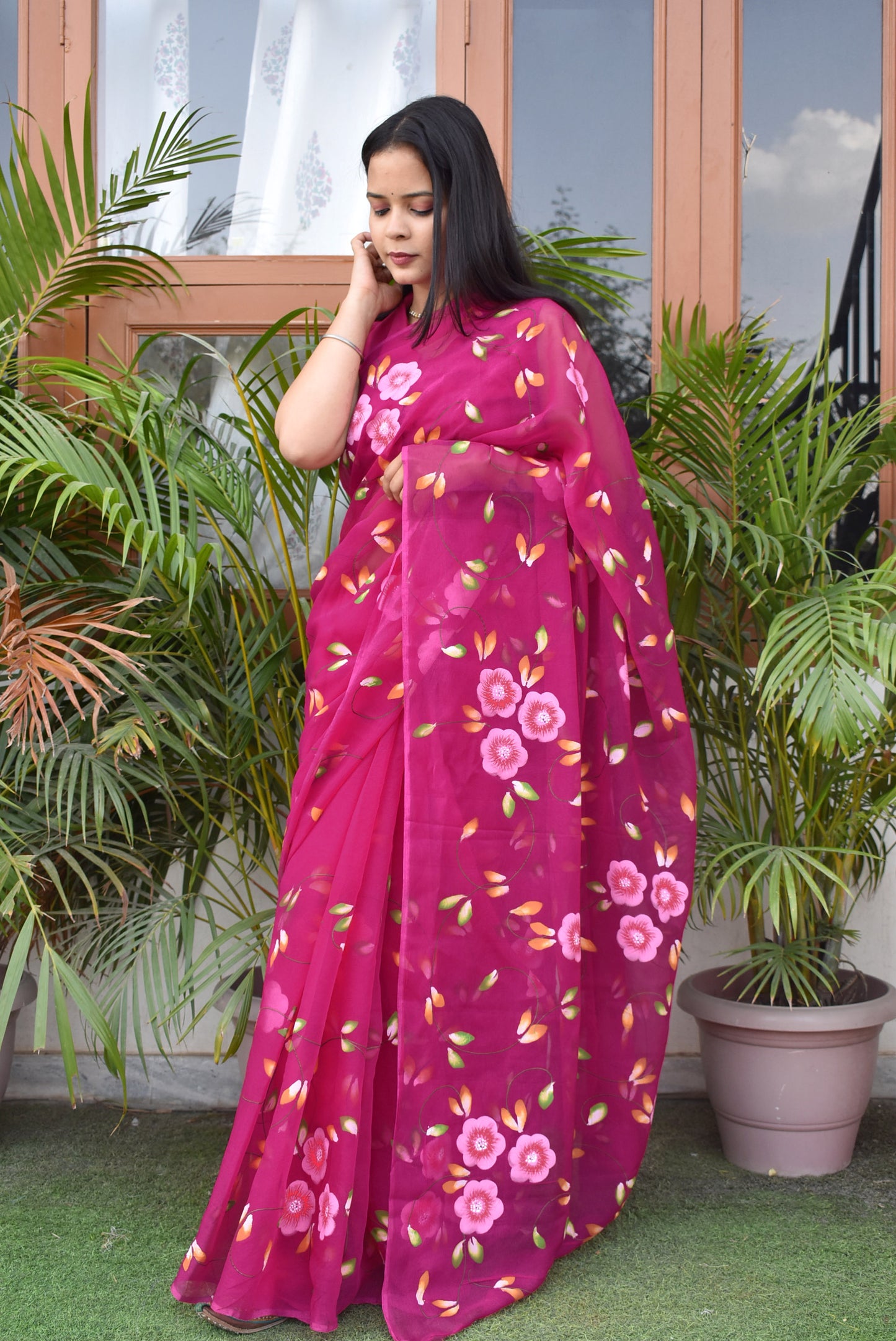 Prakriti : Beautiful Chiffon Saree with Hand Painted Floral Motifs