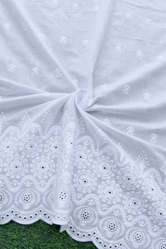 Beautiful cotton fabric with schiffli work & embroidery - 2.5 mtrs - color white - dyeable