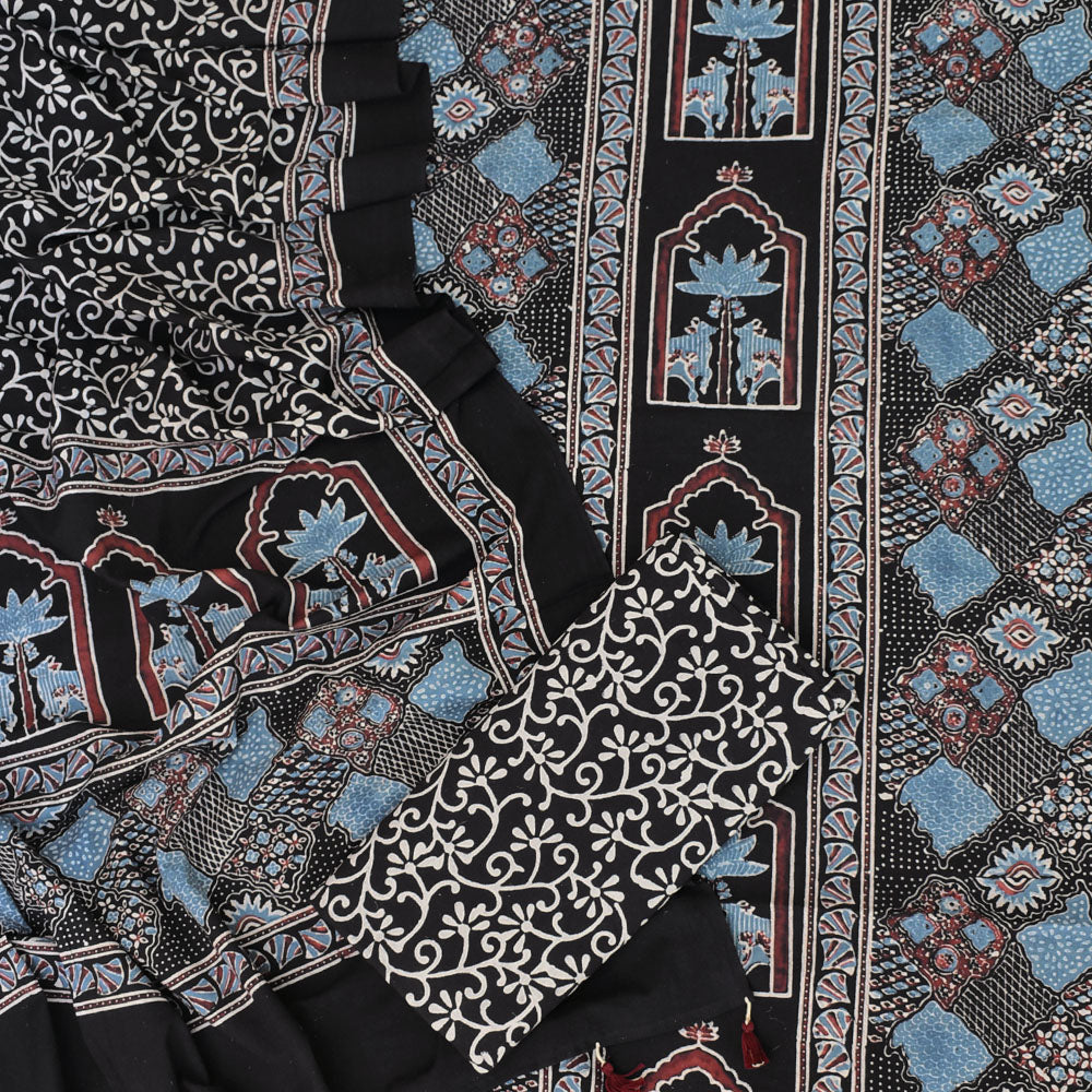 Hand Block Print Ajrakh Cotton Suit with designer Ajrakh neck yoke pattern