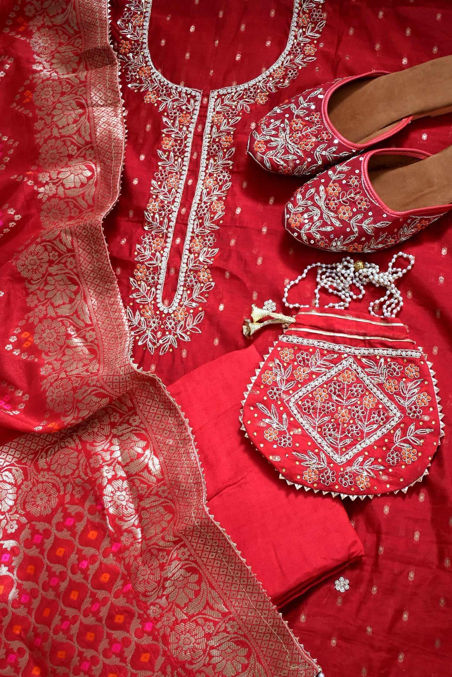Beautiful Hand Embroidered Chanderi unstitched suit fabric with Banarasi Dupatta & Matching Potli bag & Jutti