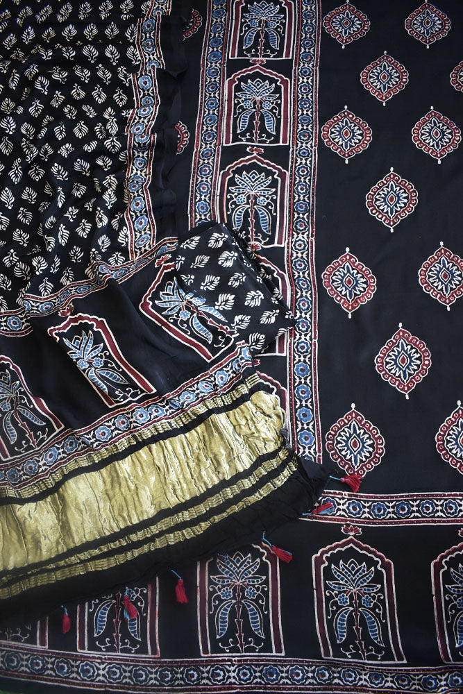 Beautiful Hand Block printed Kutch Ajrakh Modal silk suit with Lagdi patta