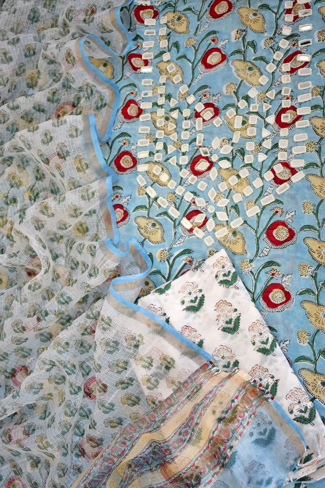 Beautiful Hand Block Printed Cotton unstitched suit with Kutch mirror work & kota dupatta