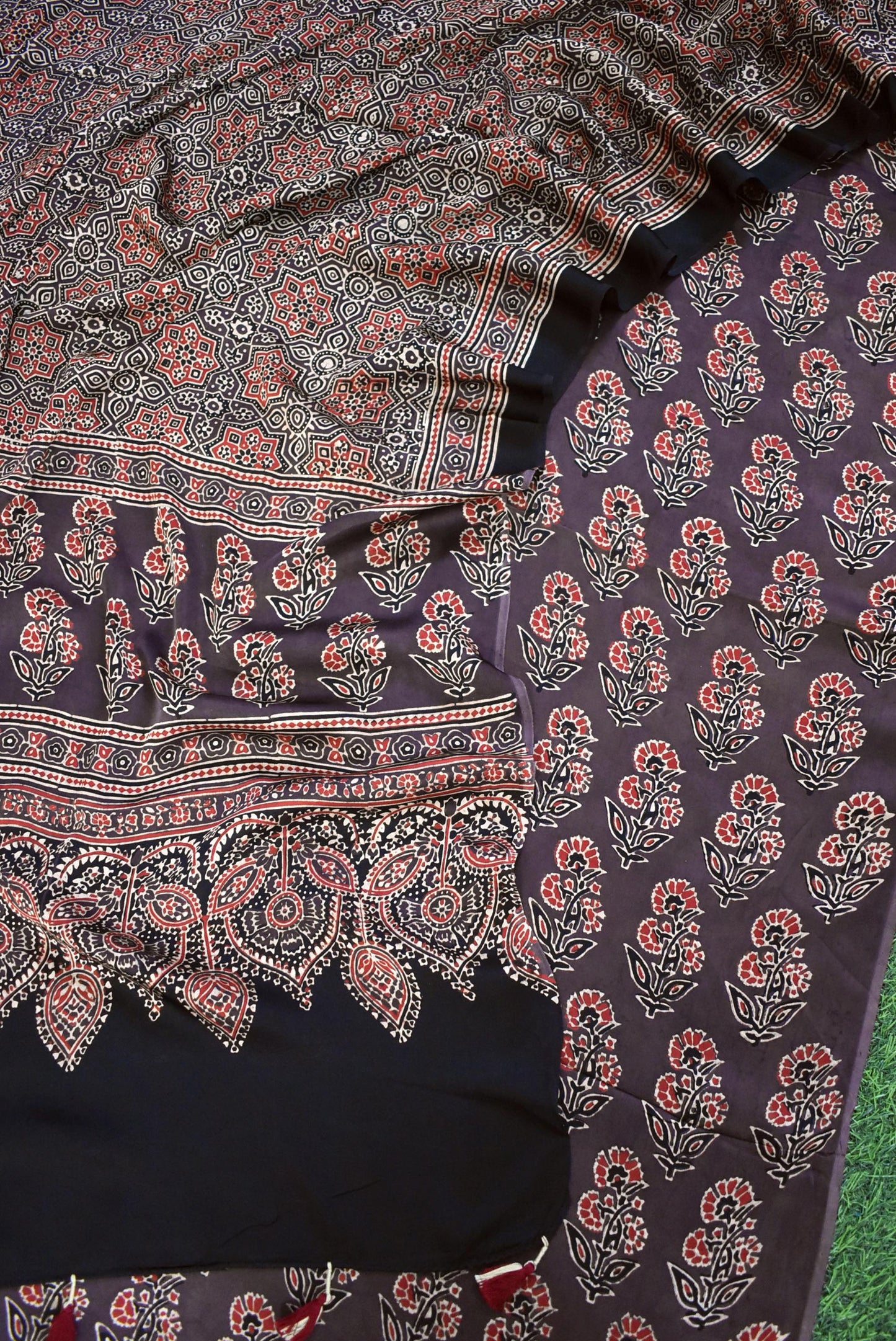 Designer Kutch Ajrakh Modal Silk Kurta and Dupatta with tassels
