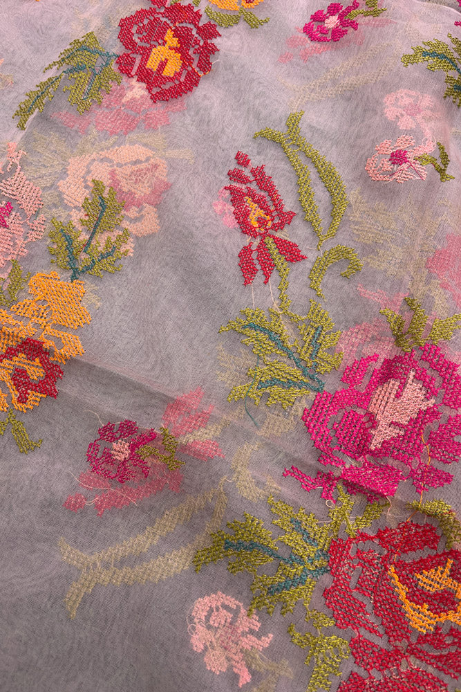 Elegant Pink Organza dupatta with All over Cross Stitch Embroidery