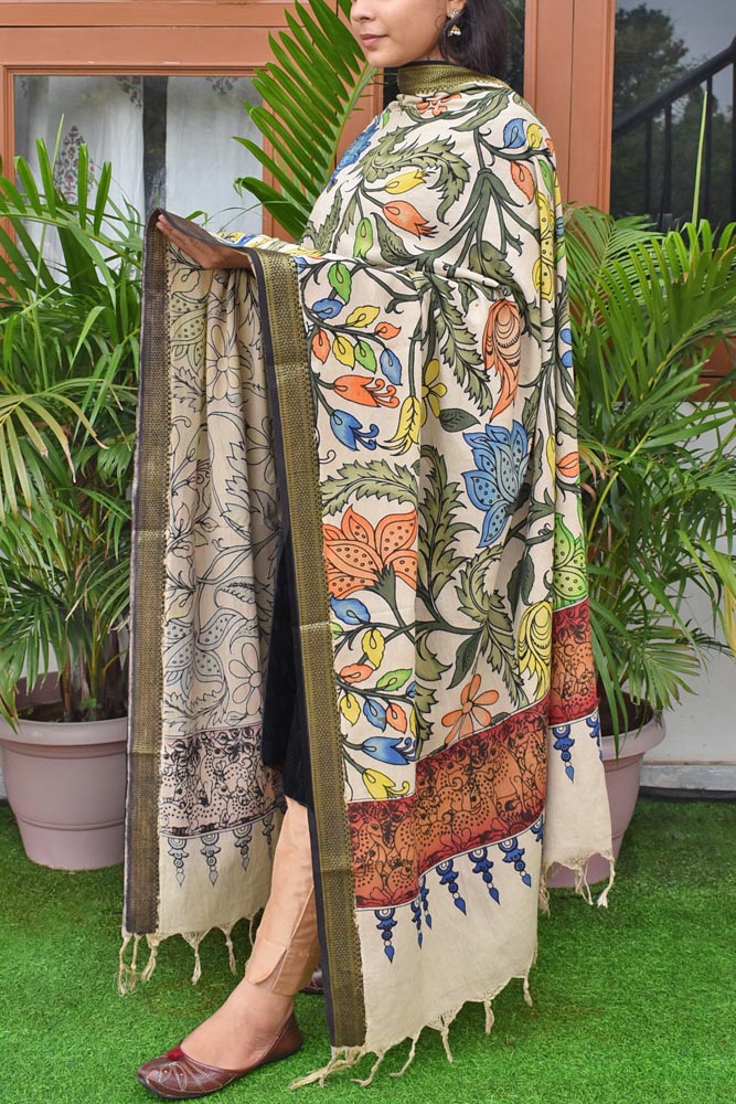 Beautiful Mangalgiri Cotton Pen Kalamkari Dupatta