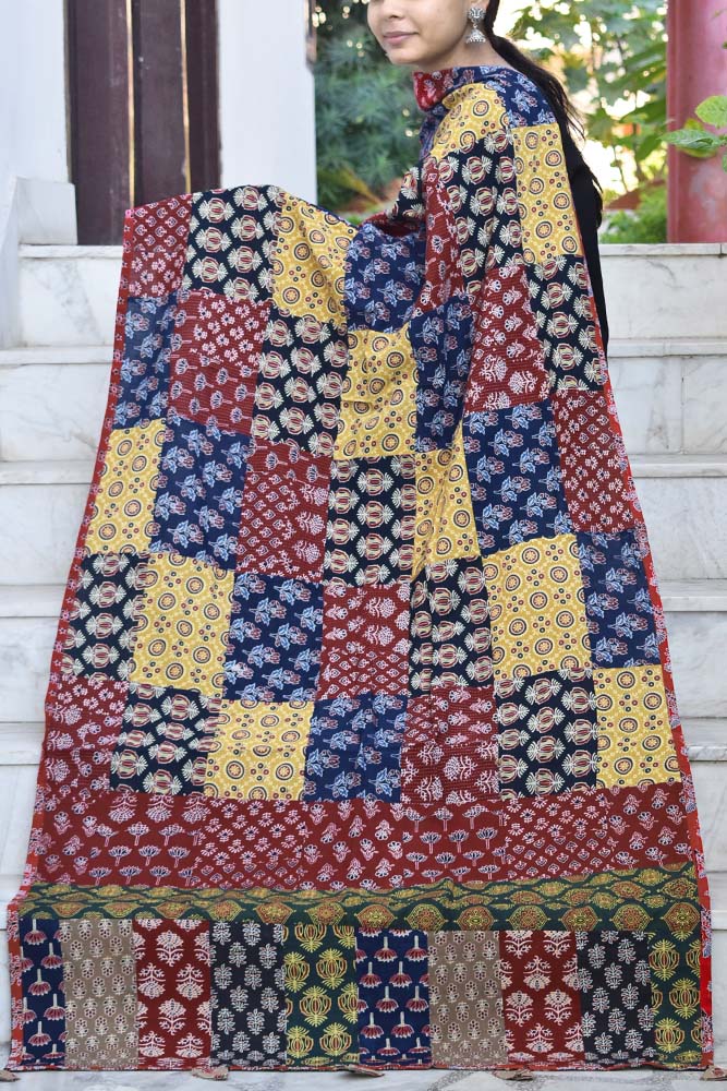 Barmer Ajrakh Patch Work Cotton Dupatta with Tassels