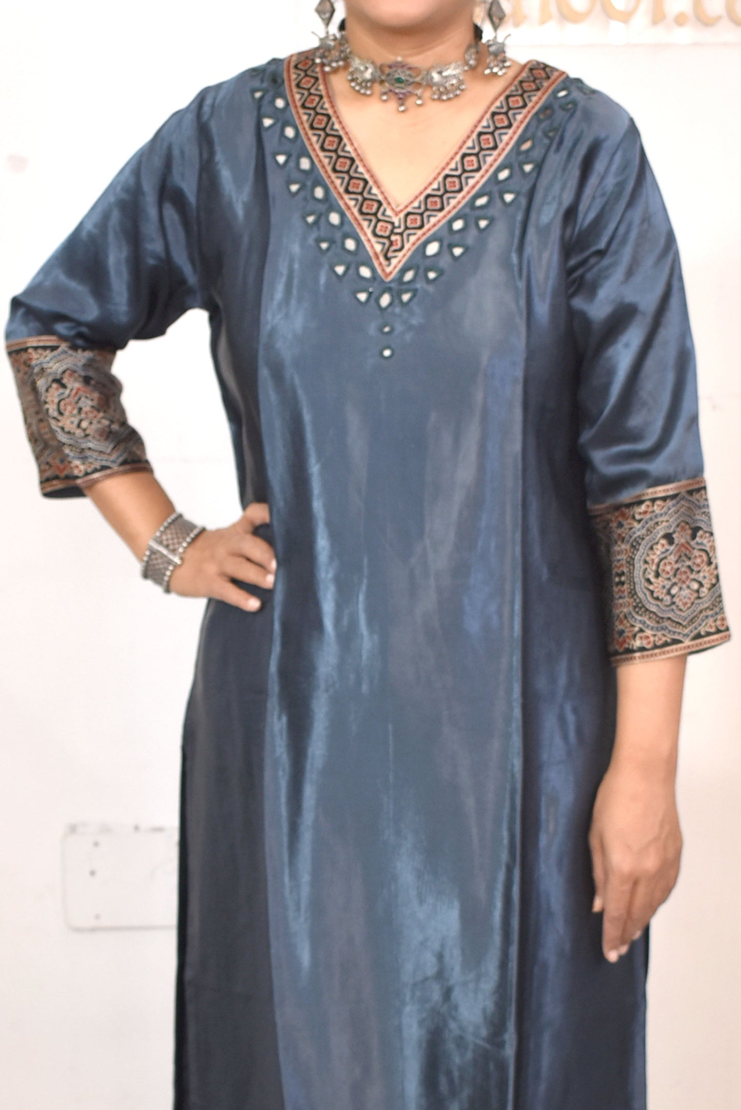 Beautiful Mashru Silk Kurta with Ajrakh patch Kutch mirror work size - 40-46