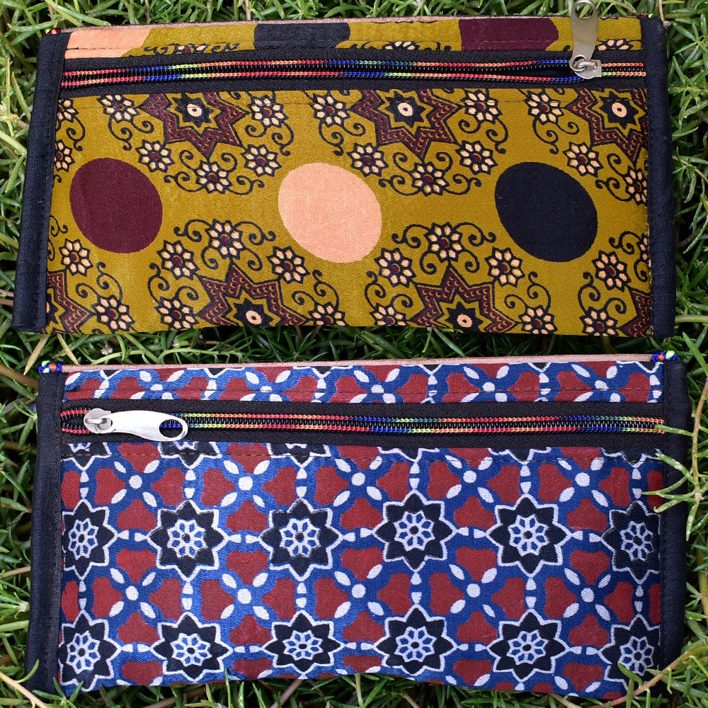 Set of 2 - Handcrafted Kutch Leather Punch work &Ajrakh Mashroo wallet/purse