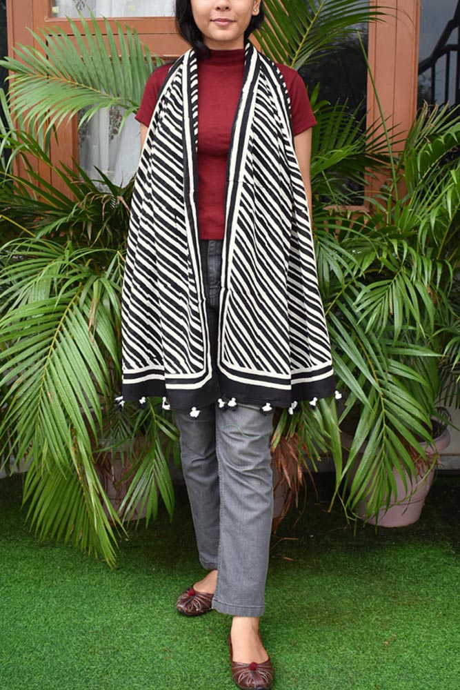 Elegant Hand block printed Cotton stole with cloth tassels