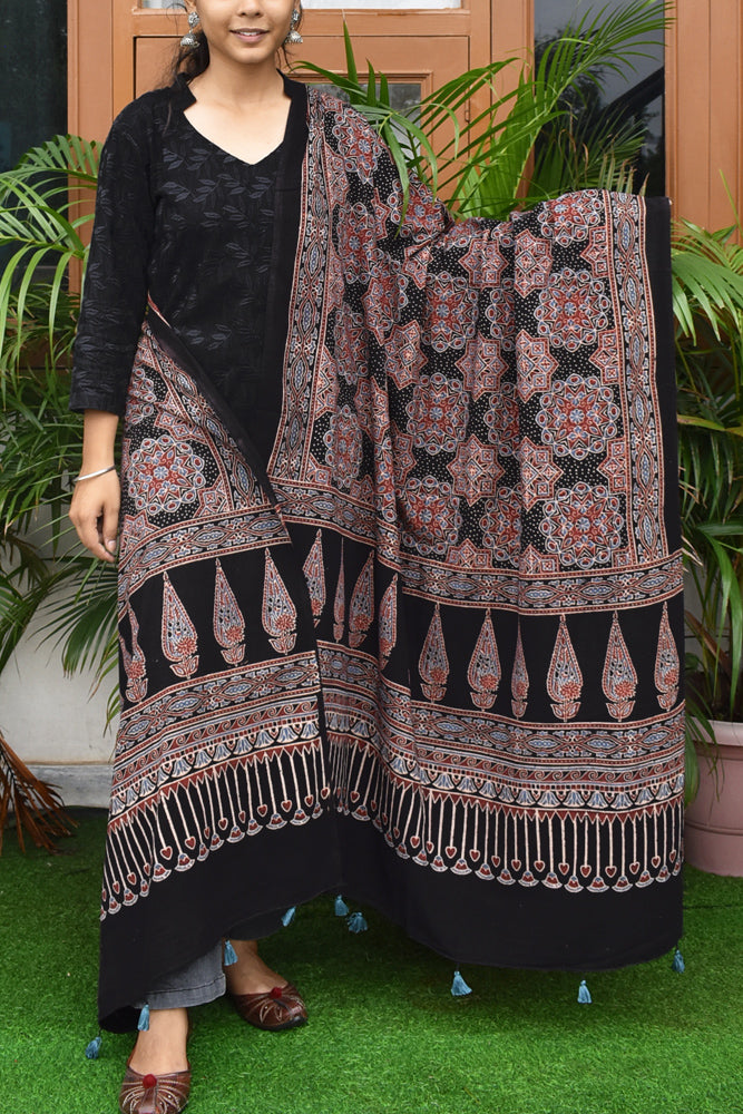 Ajrakh Hand Block Printed Cotton Dupatta with Tassels with natural dyes