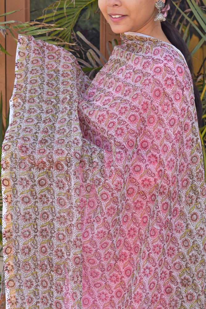 Hand Block Printed Kota Cotton Dupatta with zari border
