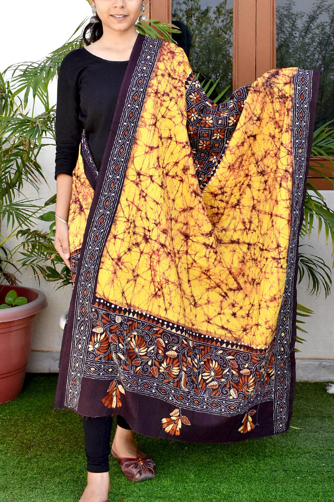 Handcrafted & Handembroidered Cotton Dupatta with Bengal Kantha & Batik work