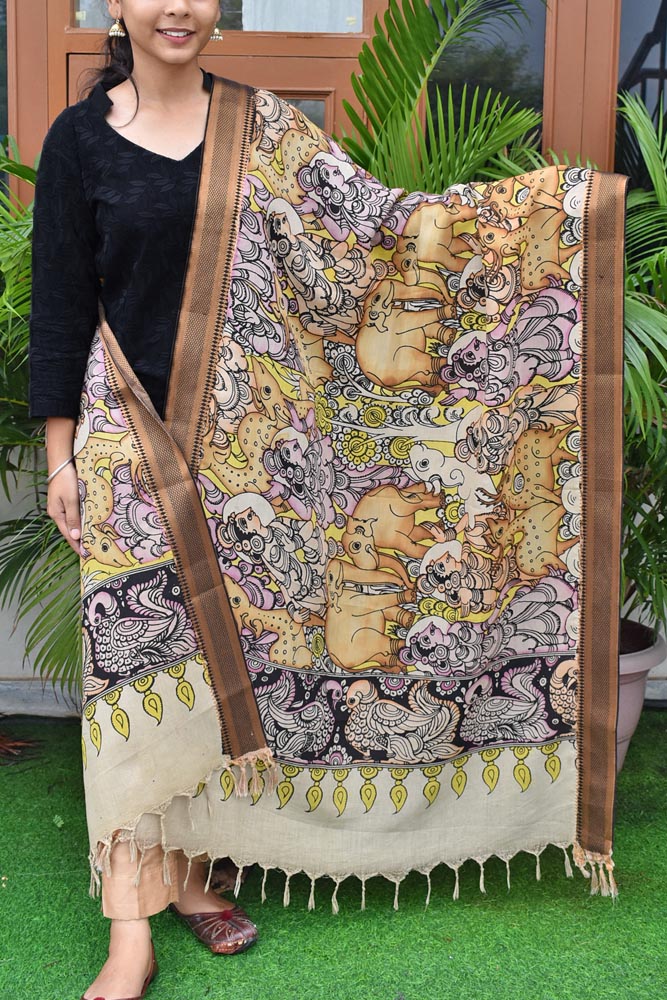 Beautiful Bangalore Cotton Silk Pen Kalamkari Dupatta