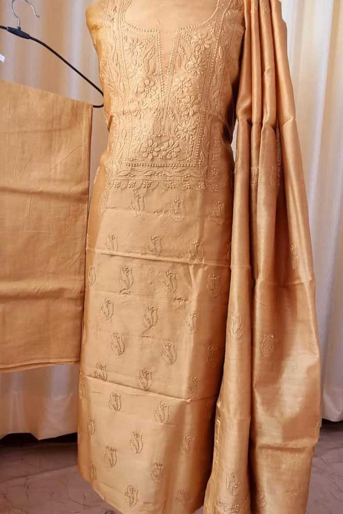 Elegant Chanderi silk Cotton Kurta & Dupatta with Chikankari Embroidery work & cotton bottom - 3 pc set
