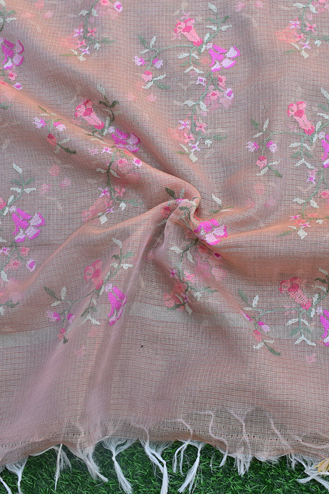 Elegant Kota Tissue dupatta with All over Cross Stitch Embroidery - Peach