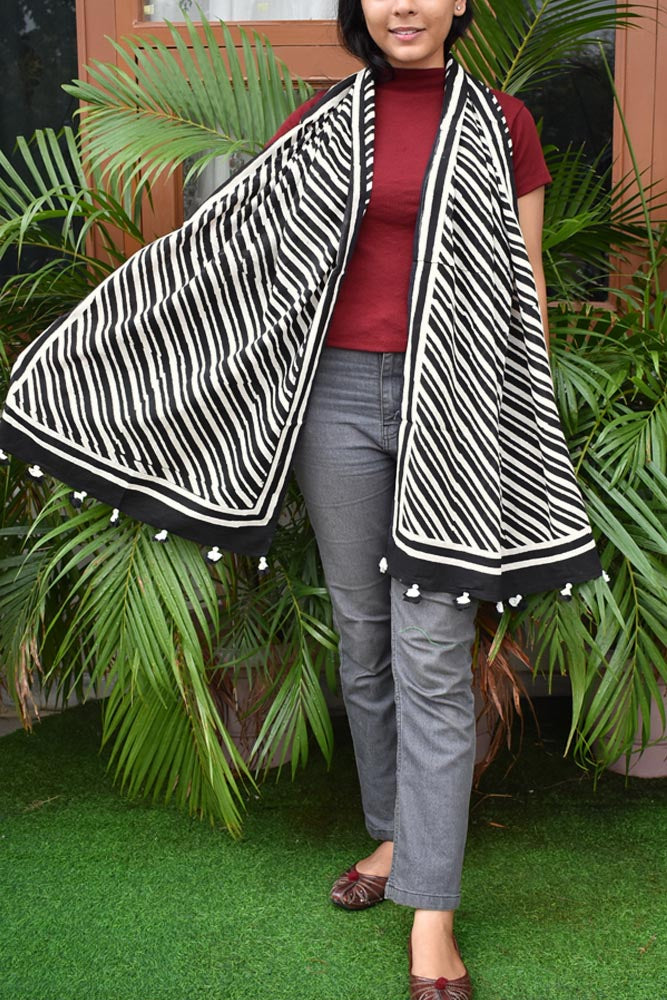 Elegant Hand block printed Cotton stole with cloth tassels