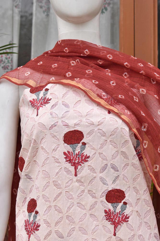 Hand Block Printed Cotton Suit with Hand applique work & Kota dupatta