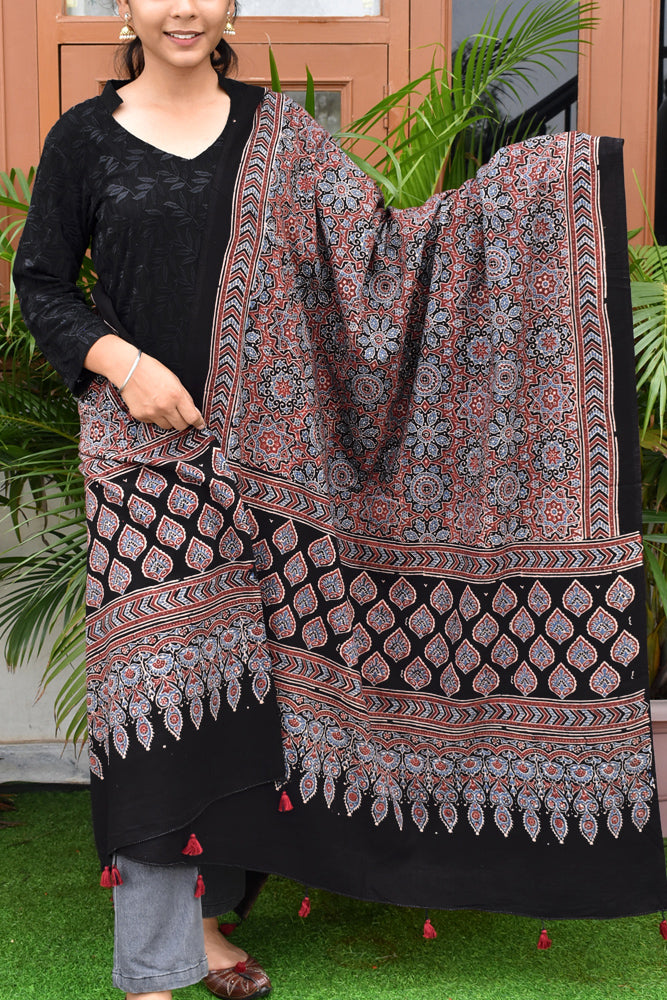 Ajrakh Hand Block Printed Cotton Dupatta with Tassels with natural dyes