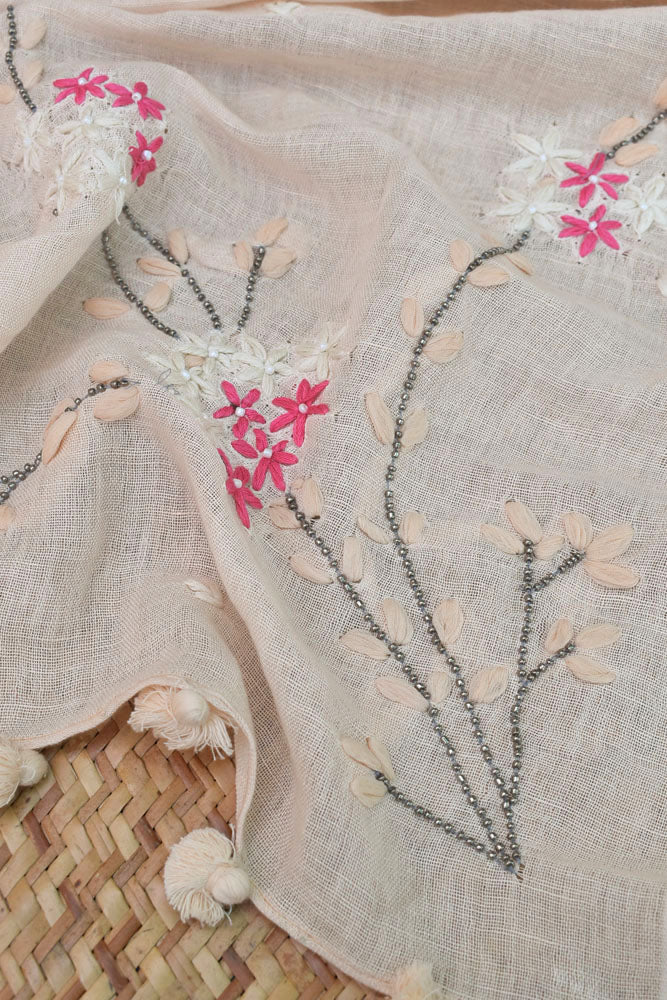 Beautiful Linen Stole with hand embroidery, embellishments & tassels