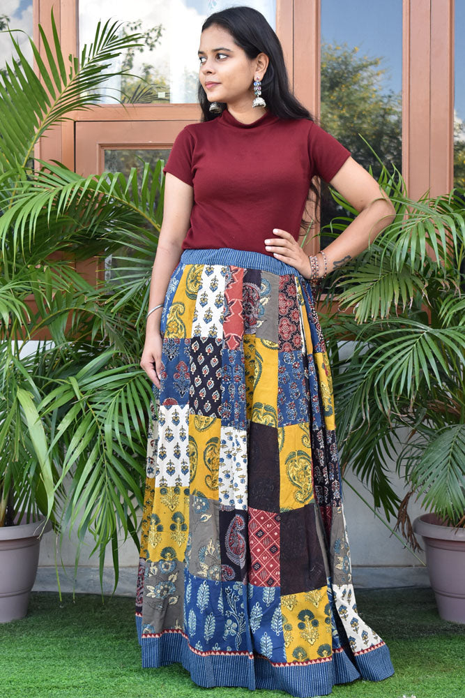 Beautiful Ajrakh Hand Block Printed Patch Work Cotton Long Skirt with Stitched borders