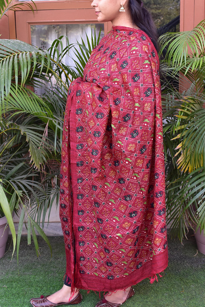 Geecha Silk Dupatta with Hand Block print with patola inspired print