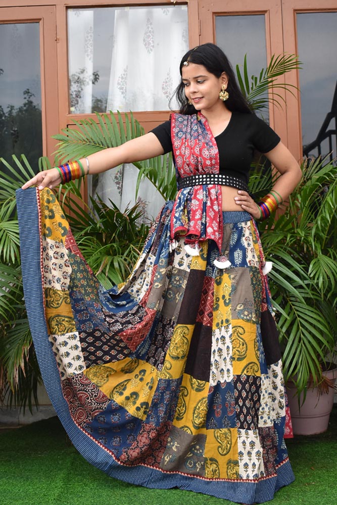 Beautiful Ajrakh Hand Block Printed Patch Work Cotton Long Skirt with Stitched borders