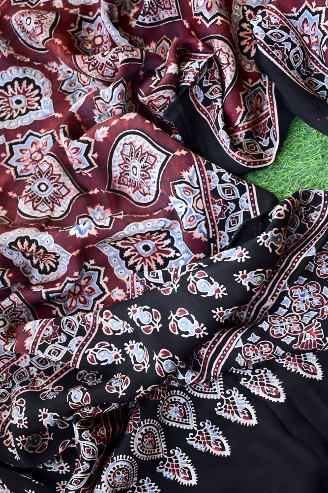Beautiful Hand Block Printed Ajrakh Modal Silk stole with Tassels