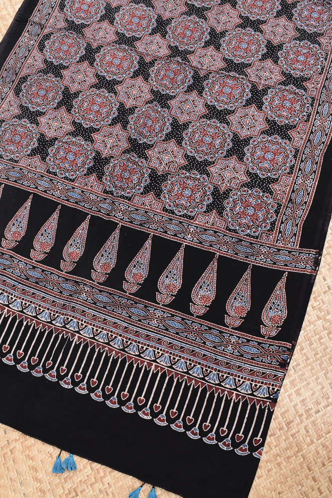 Ajrakh Hand Block Printed Cotton Dupatta with Tassels with natural dyes