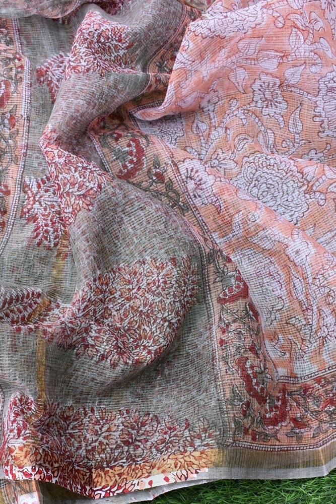 Hand Block Printed Kota Cotton Dupatta with zari border