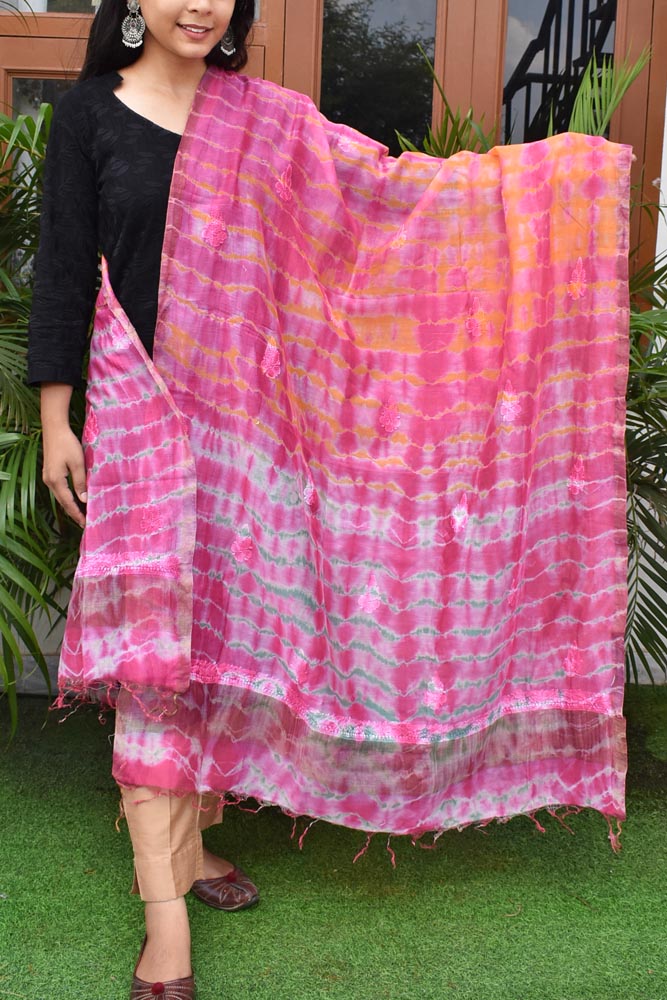 Beautiful Tie & dye Chanderi Dupatta with Hand Lucknowi Chikankari Embroidery