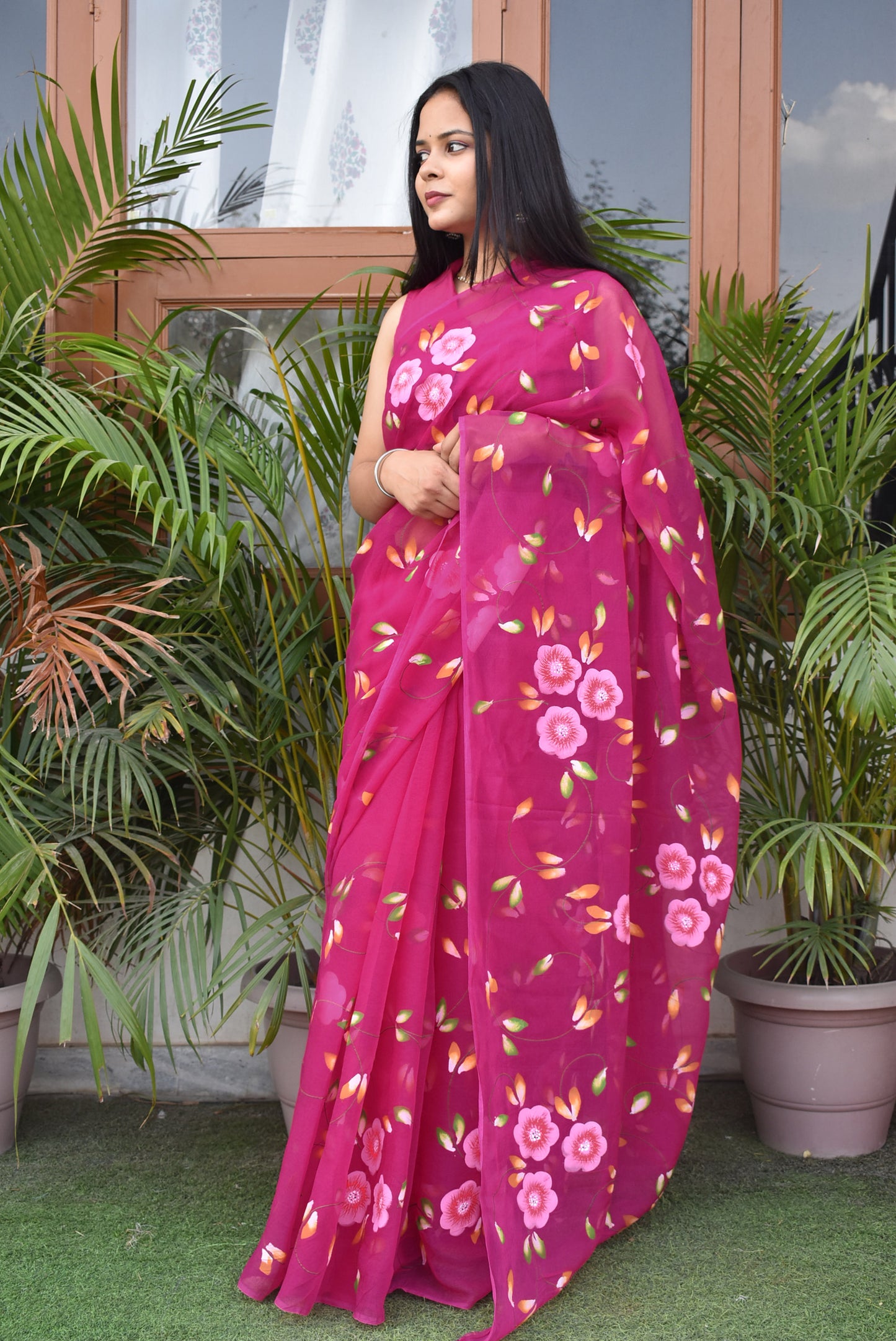 Prakriti : Beautiful Chiffon Saree with Hand Painted Floral Motifs