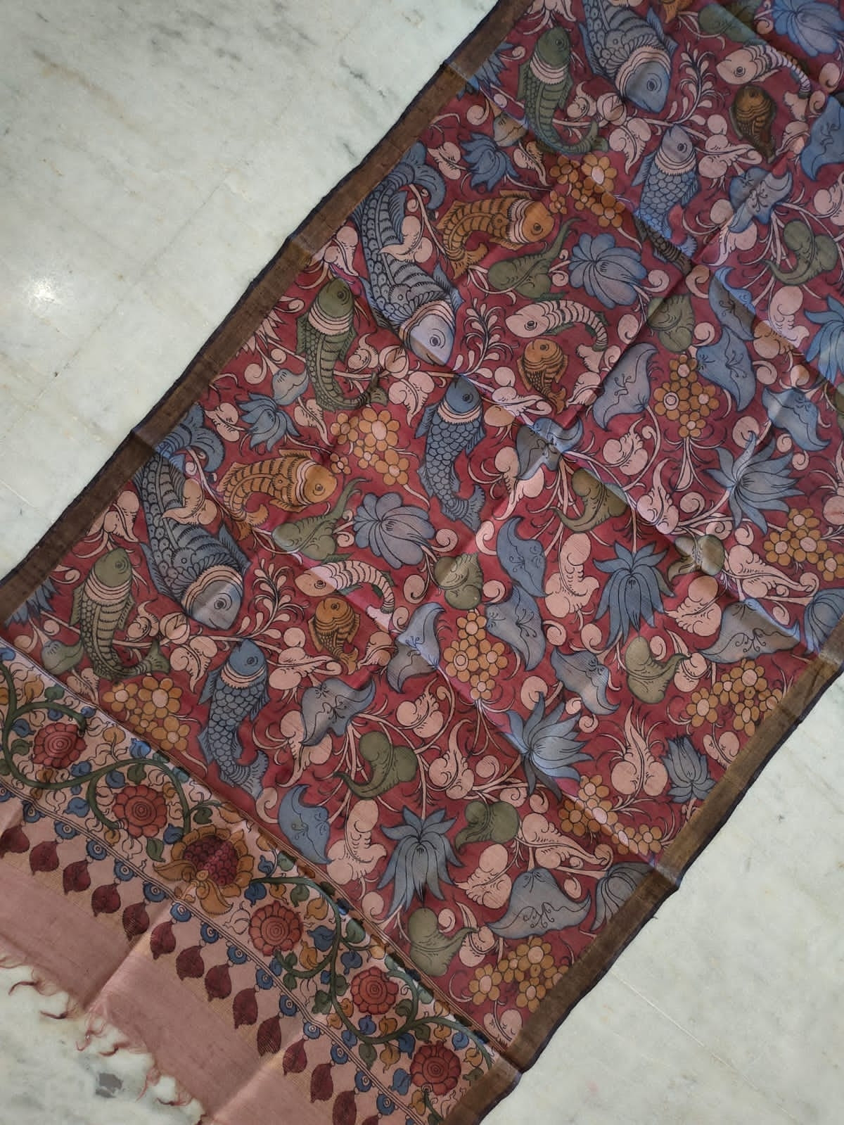 Earthy Hand Painted Kalamkari Desi Tussar Silk Dupatta