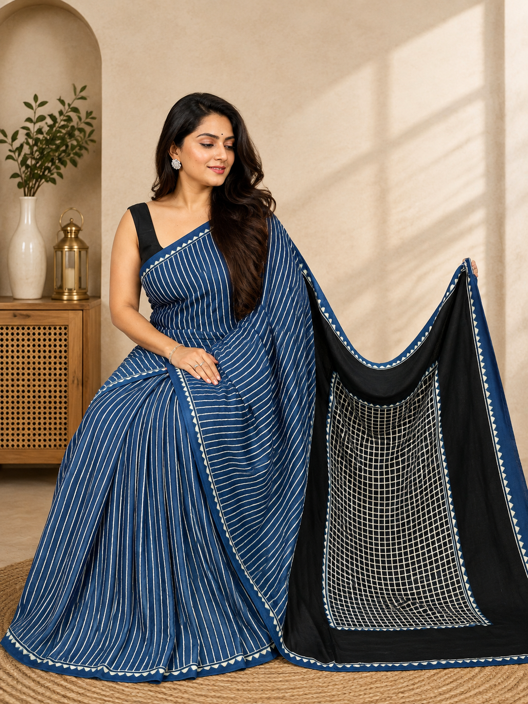 Elegant Hand Block Printed Ajrakh Modal Silk Saree