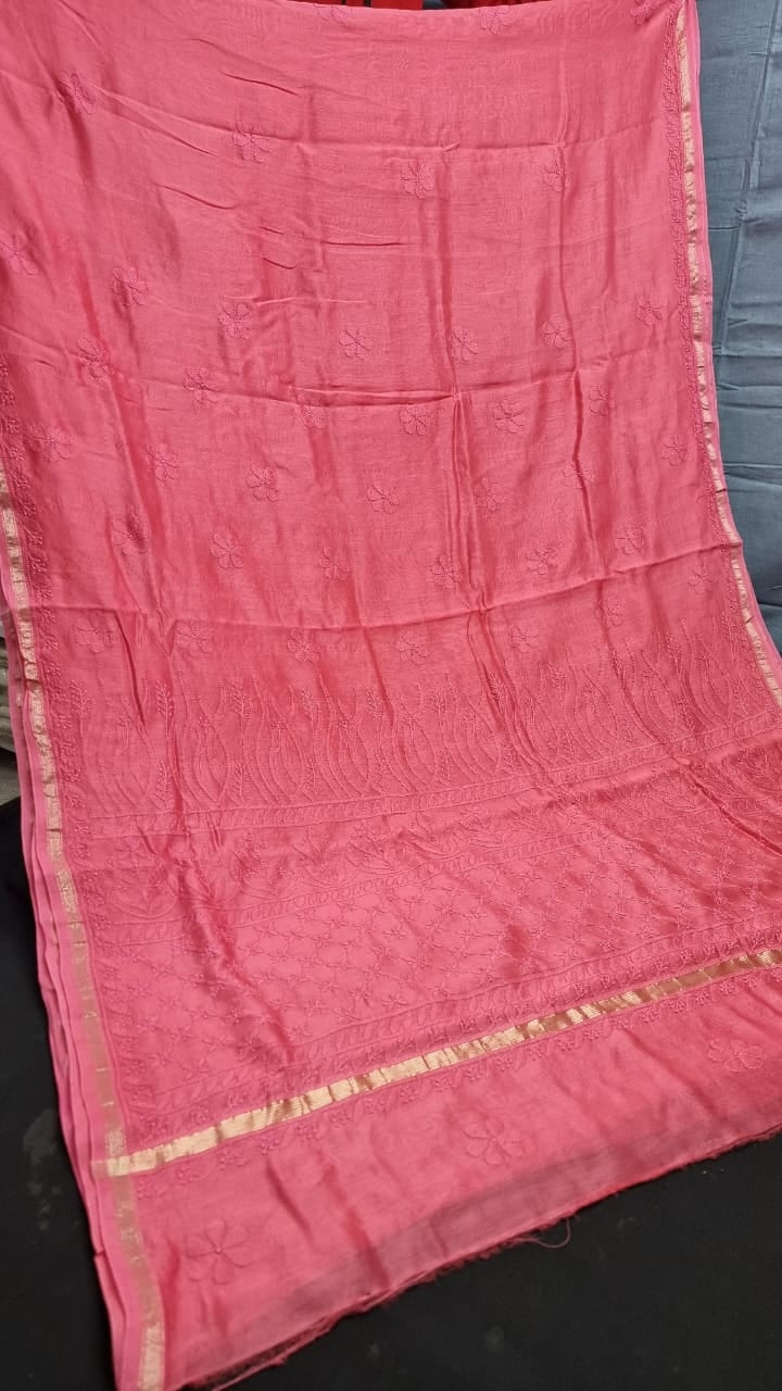 Elegant Chanderi Silk Cotton Saree with Intricate Lucknowi Chikankari work