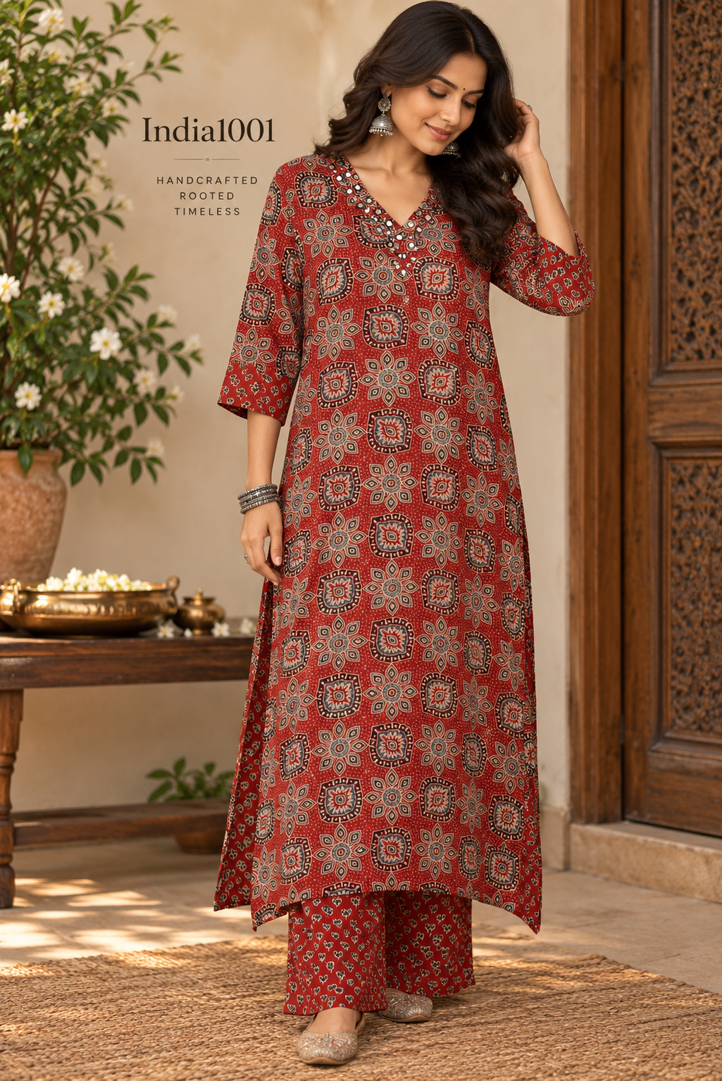 Designer Ajrakh Modal Silk Kurta & Pant With Mirror Work - Size 40 to 46 ( all sizes)