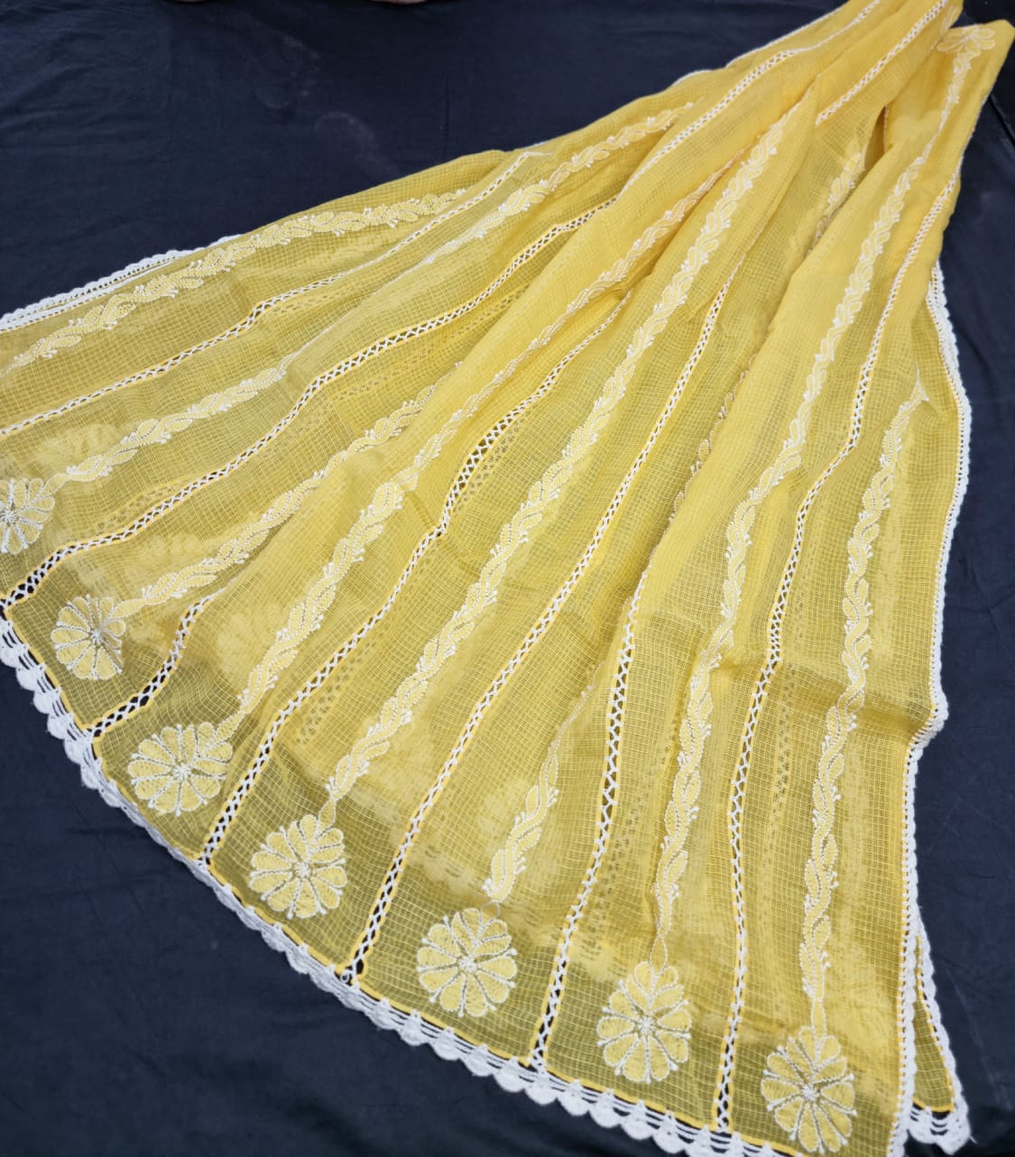 Handcrafted Kota Cotton Dupatta with heavy Chikankari embroidery & crochet borders - Dyeable