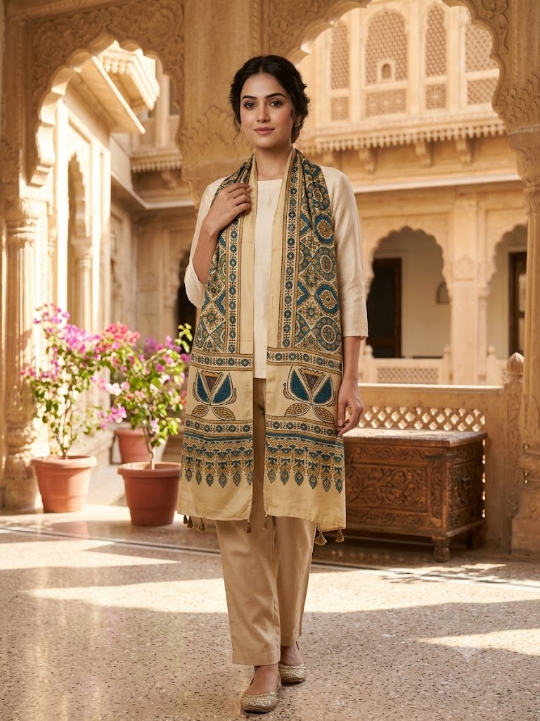 Beautiful Hand Block Printed Ajrakh Modal Silk stole with Tassels