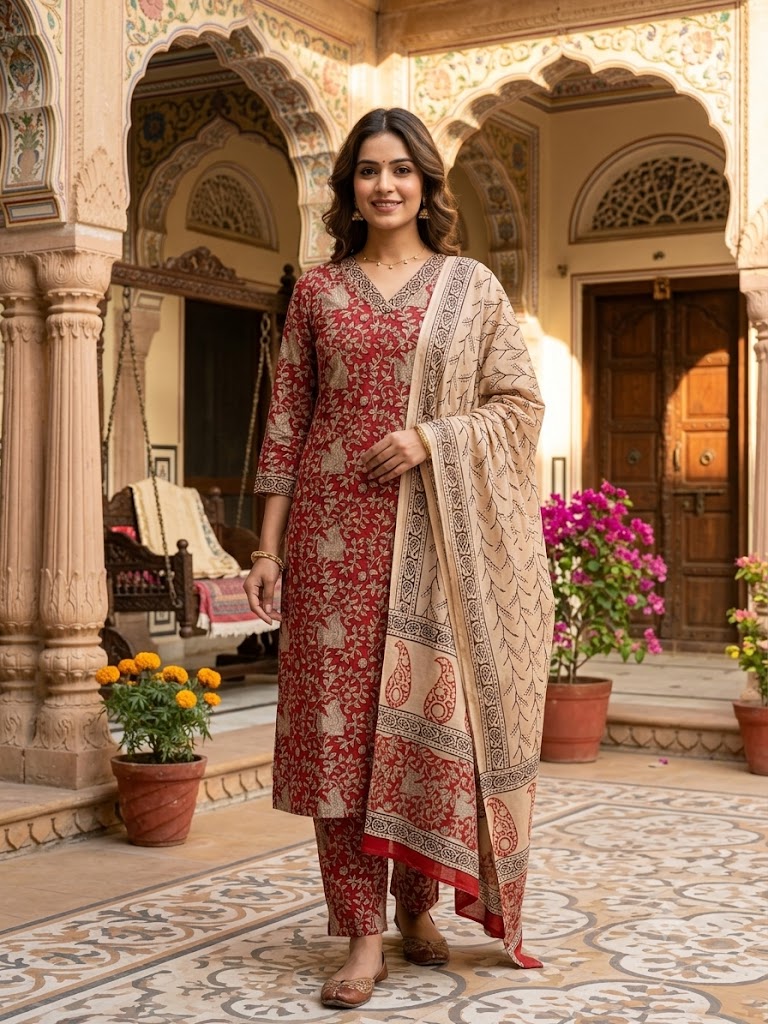 Hand Block Printed Cotton suit with Hand Embroidery - Kurta , Cotton Dupatta & Pant - size 38, 40, 42, 44, 46
