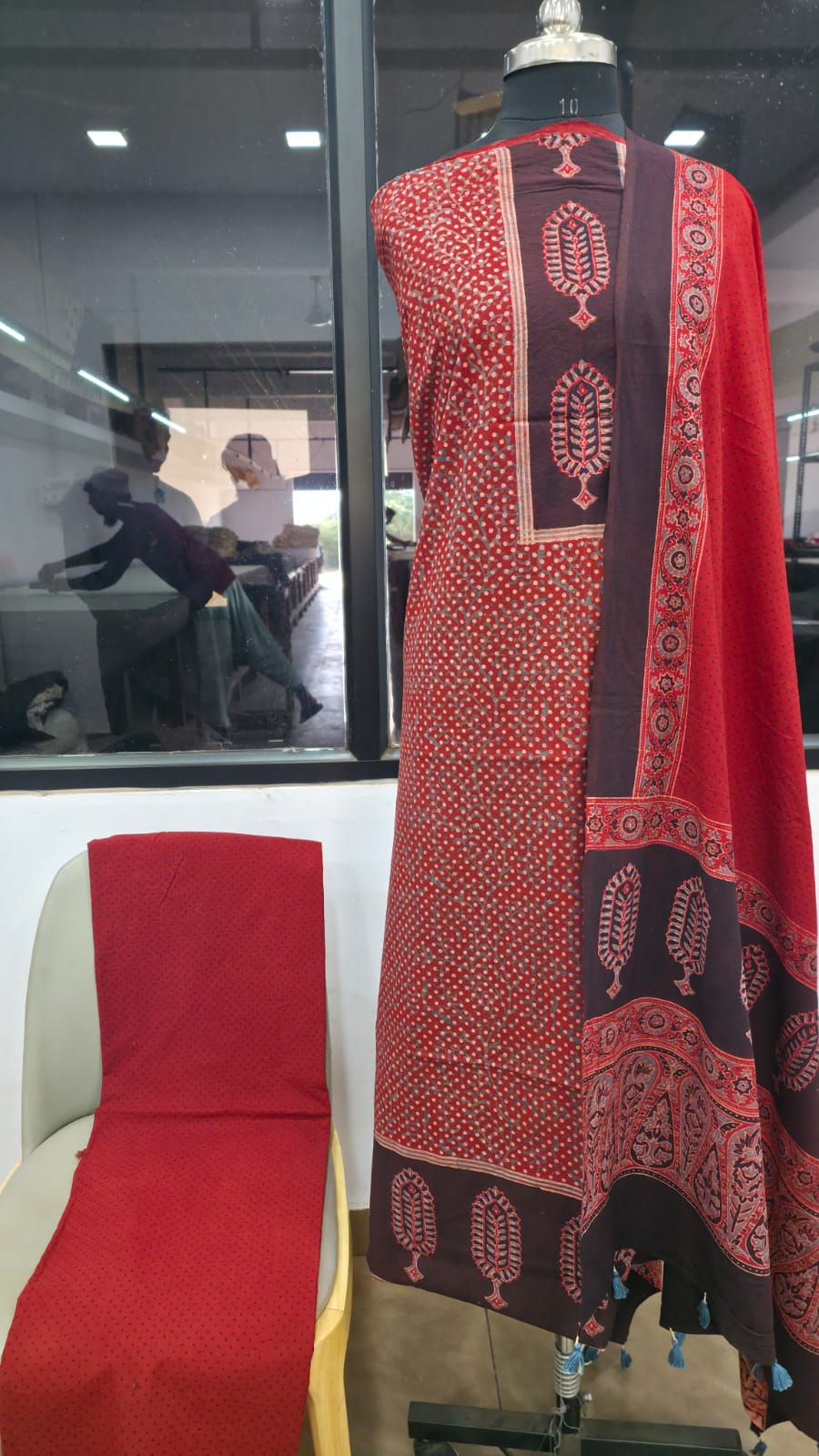Designer Ajrakh Cotton Unstitched suit with panel design, Ajrakh Dupatta & Bottom- 3 piece set