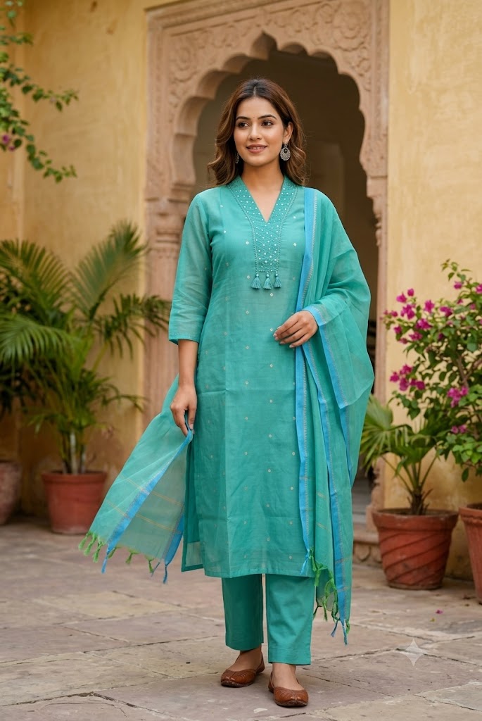 Designer Hand Block Printed Cotton 3 pc Suit - 40 to 46 size