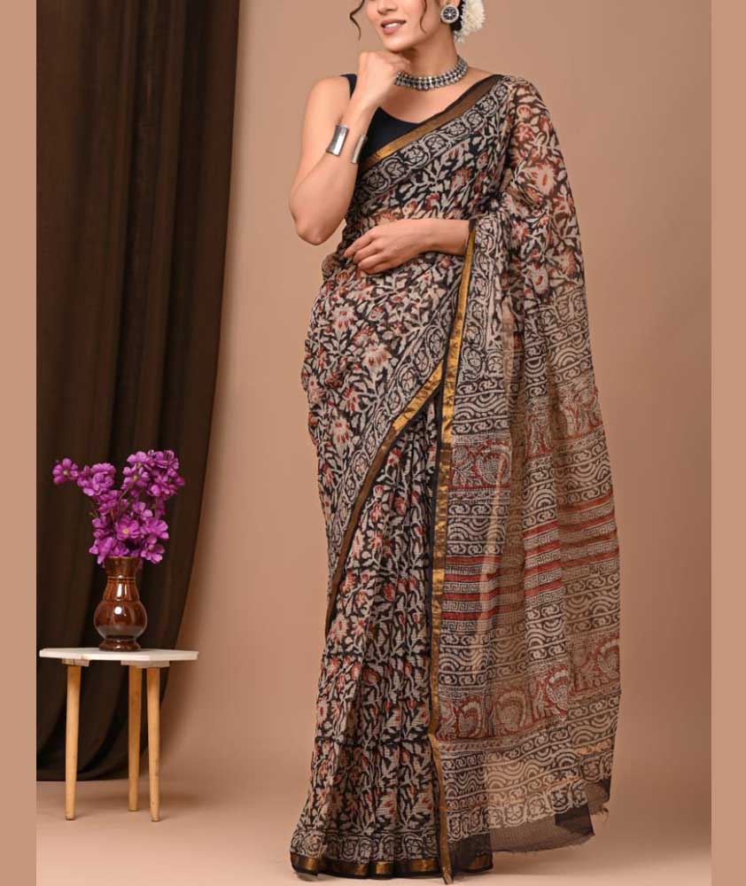Beautiful Hand Block Printed Kota cotton Saree with zari border