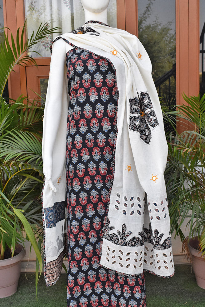 Beautiful Ajrakh kurta fabric with Hand Applique Patch work dupatta