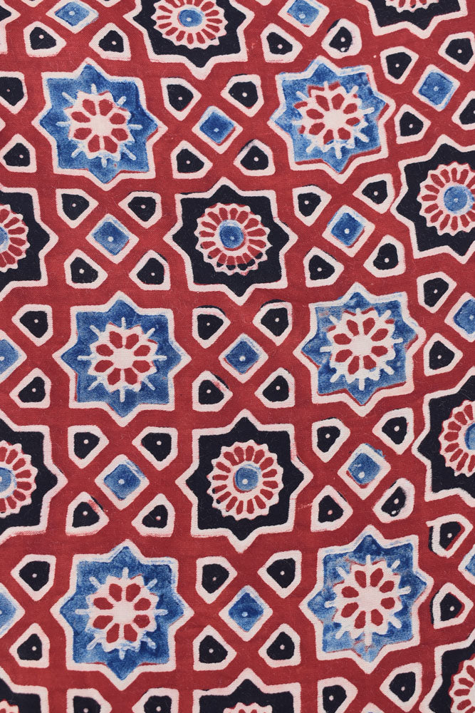 Beautiful Modal Silk Ajrakh Hand Block Print Fabric - 2.5 mtrs cut
