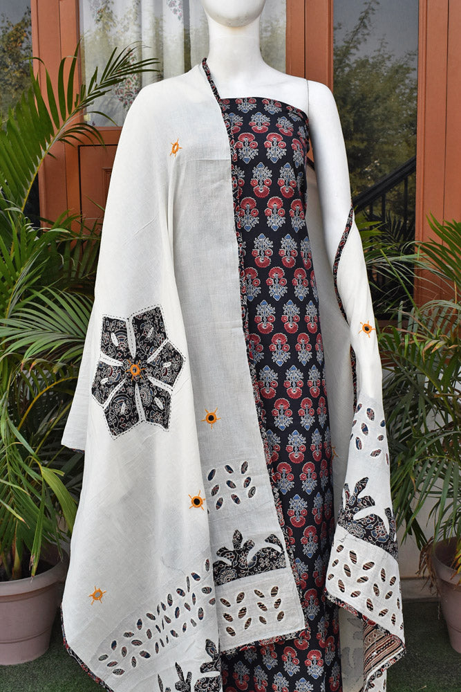 Beautiful Ajrakh kurta fabric with Hand Applique Patch work dupatta