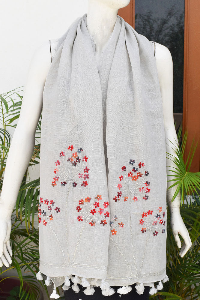 Beautiful Linen Stole with hand embroidery, embellishments & tassels