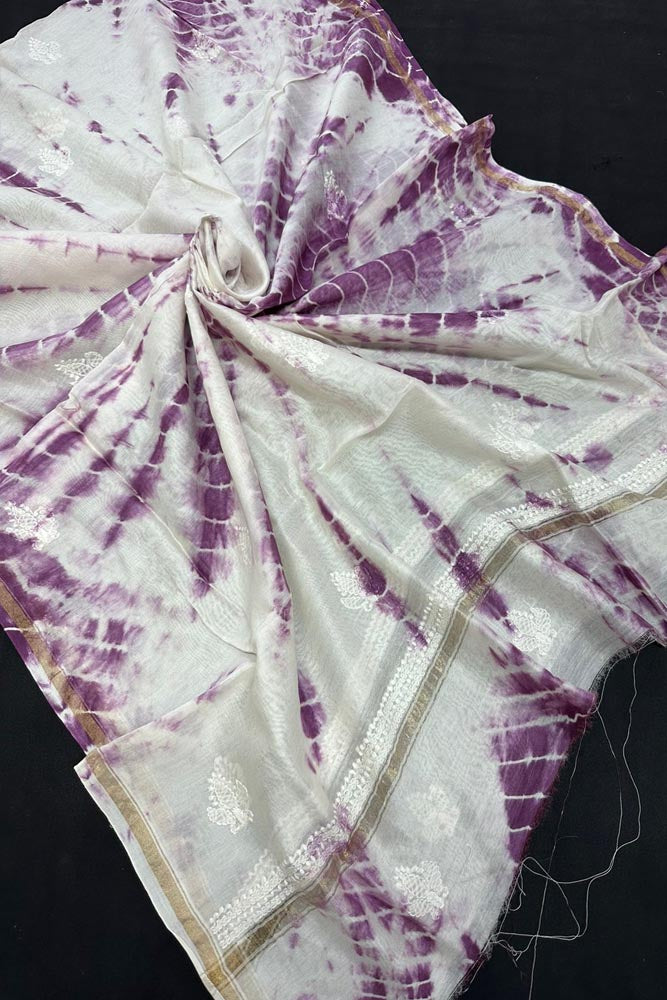 Beautiful Tie & dye Chanderi Dupatta with Hand Lucknowi Chikankari Embroidery